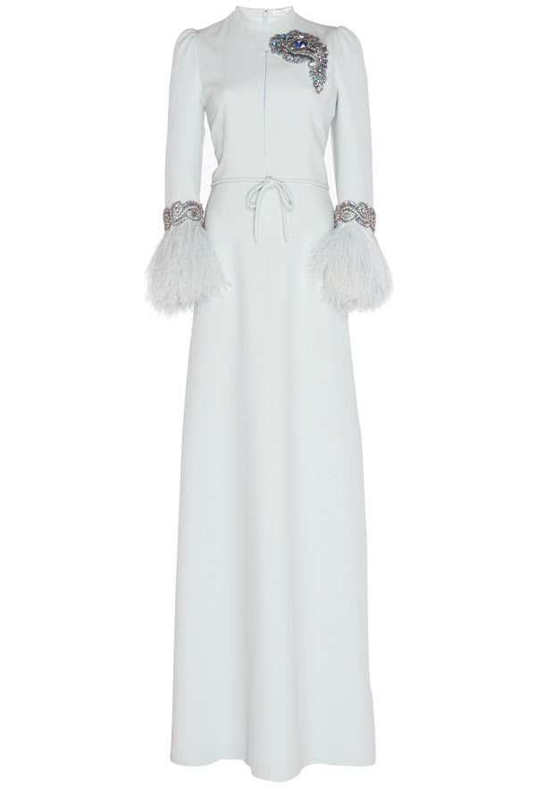 Feather-trimmed crystal-embellished crepe gown, Andrew GN